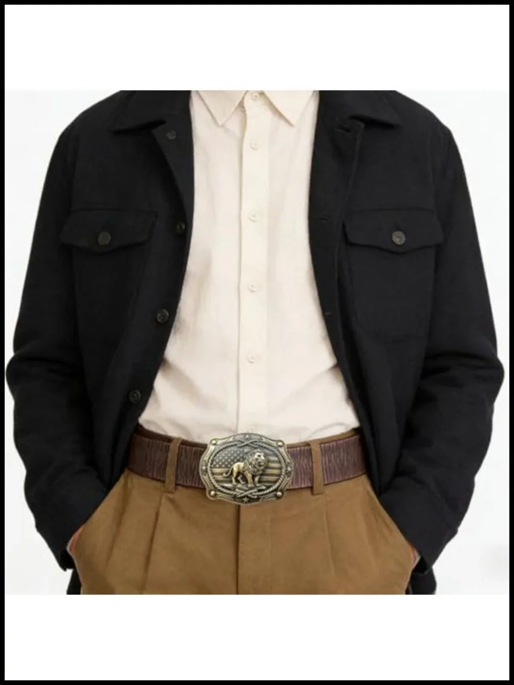 Vintage Western Leather Belt with Antique Bronze Lion Buckle